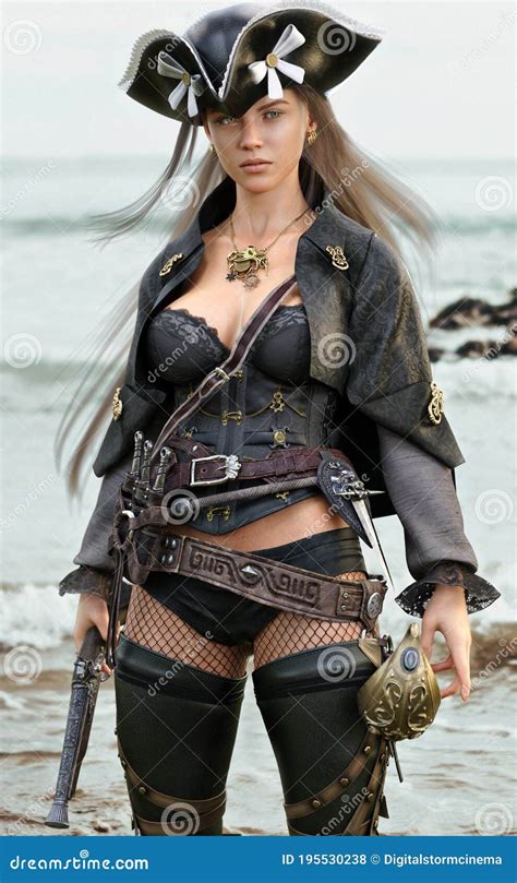 Portrait Of A Pirate Female Coming Ashore In Search Of Adventure Armed With A Flintlock Pistol