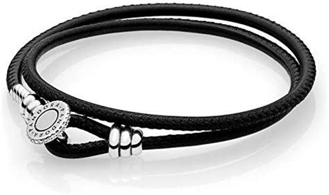 New Pandora Moments Black Double Leather Bracelet With Cubic Zirconia