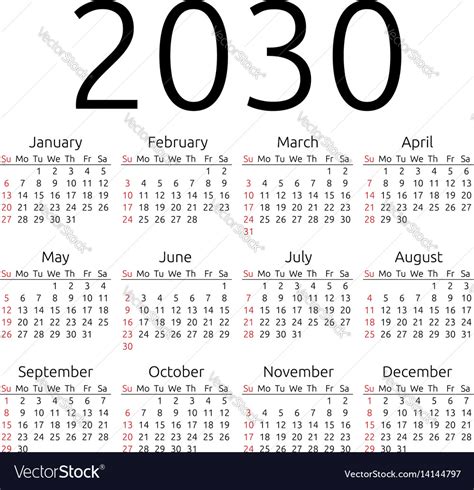 Calendar 2030 Sunday Royalty Free Vector Image