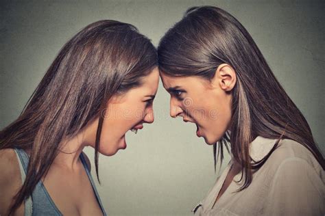 Two Women Fight Angry Women Screaming Looking At Each Other Stock