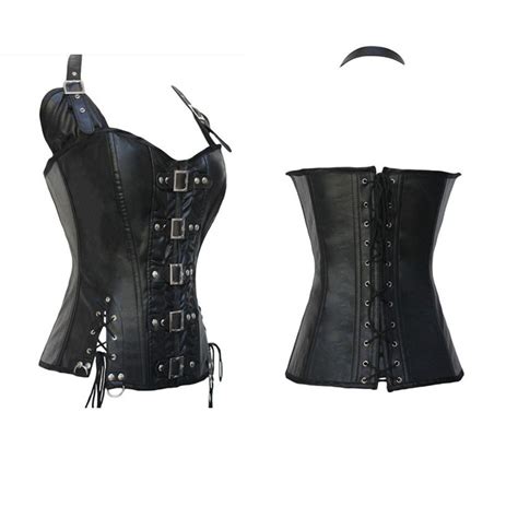 Steampunk Sexy Black Faux Leather Buckle Overbust Halter Corset Top