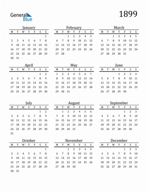 1899 Yearly Calendar Templates With Monday Start
