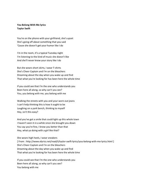Taylor Swift Taylor Swift Lyrics To You Belong With Me