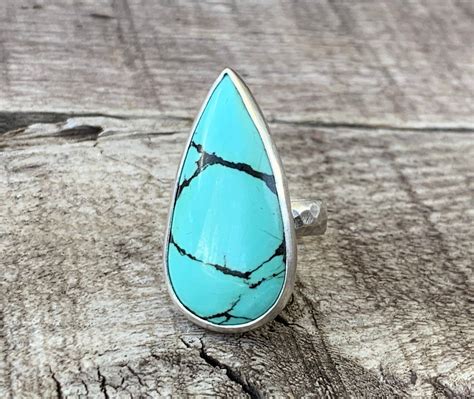 Large Teardrop Bright Blue Black Veined Turquoise Sterling Silver