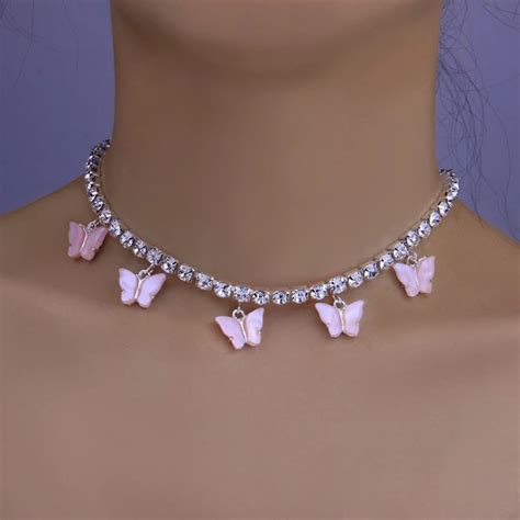 colorflu butterfly necklaces for women rhinestone choker pendant necklace crystal tennis chain