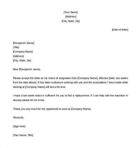 2 Weeks Notice Letter Template Free