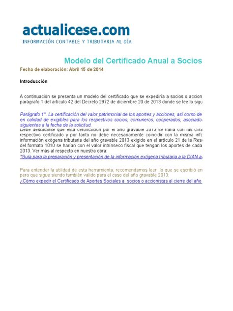 Certificado A Socios O Accionistas 2013