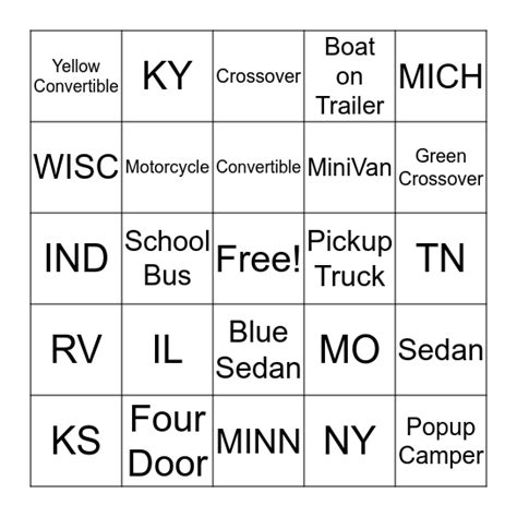 Road Bingo License Plate Transportation Type Vehicle Color Bingo Card