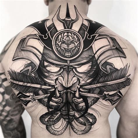 Get daily tattoo ideas on socials. Samurai Mask tattoo black work Frank Carrilho | Back ...
