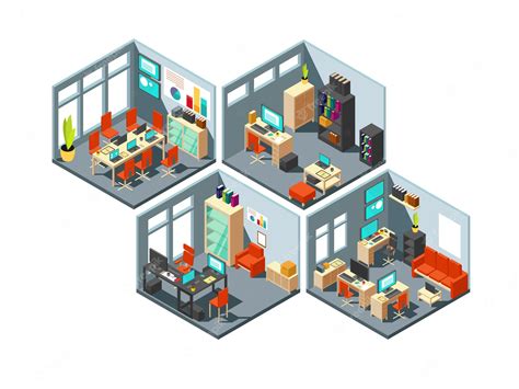 Premium Vector Isometric Business Offices With Different Workspaces