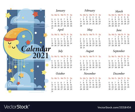 Space Calendar 2021 Cartoon Month Baby Royalty Free Vector