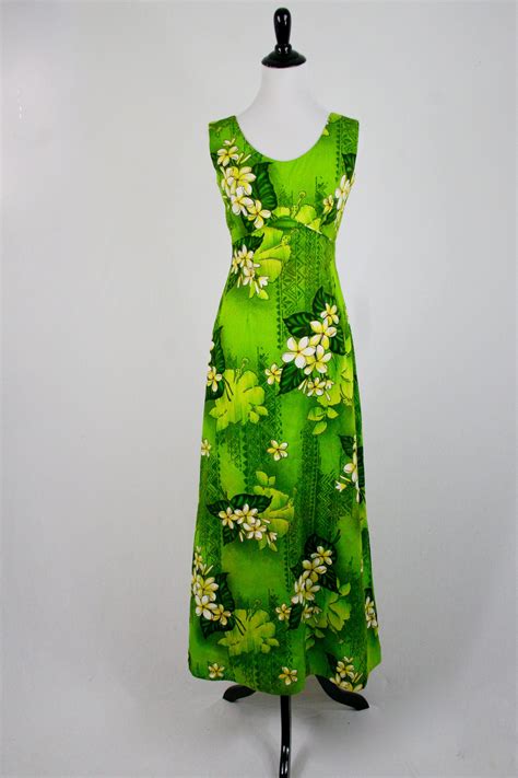 Yayaretro 1970s Hawaiian Maxi Dress Green Barkcloth By Royal Hawaiian