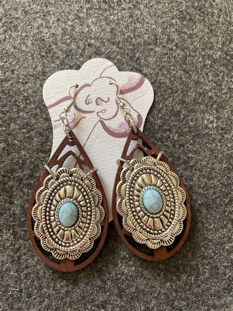 Ornate Teardrop Wood Western Earrings Boho Jewelry Turquoise Etsy