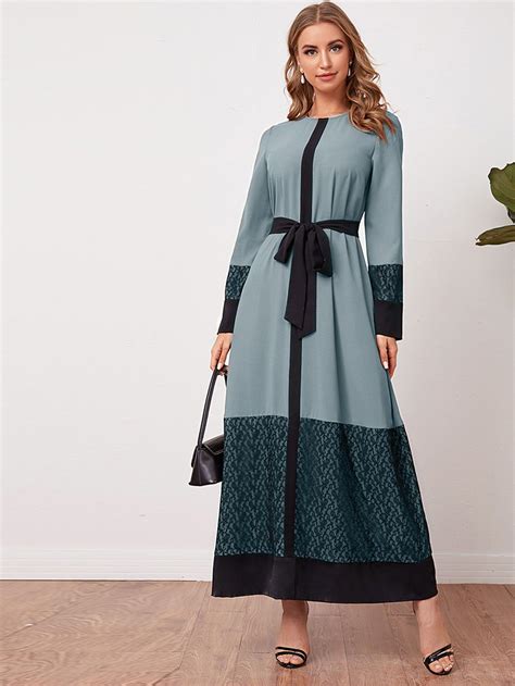 Lace Trim Two Tone Self Belted Dress In 2021 Belted Dress Belted