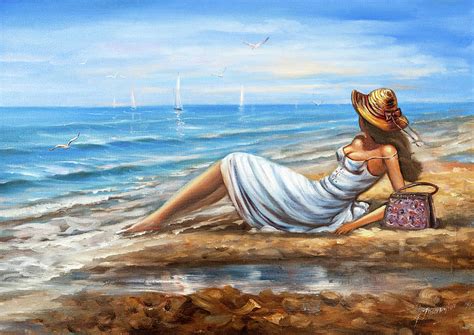 Beach Girl Oil Painting Summer Artwork Dreamy Painting Of Woman On