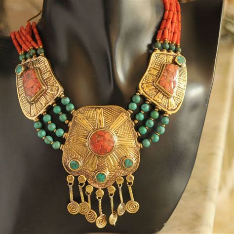 n04 tibetan nepalese handmade turquoise coral brass necklace from nepal photo detailed about