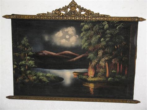 Antique Velvet Oil Painting Plaster Frame Lanscape Campfire