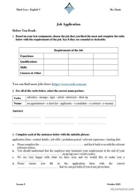 Job Application An Updated Version English Esl Worksheets Pdf And Doc