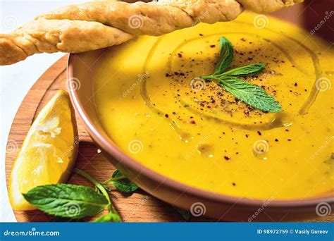 Turkish Traditional Lentil Cream Soup With Mint Stock Image Image Of