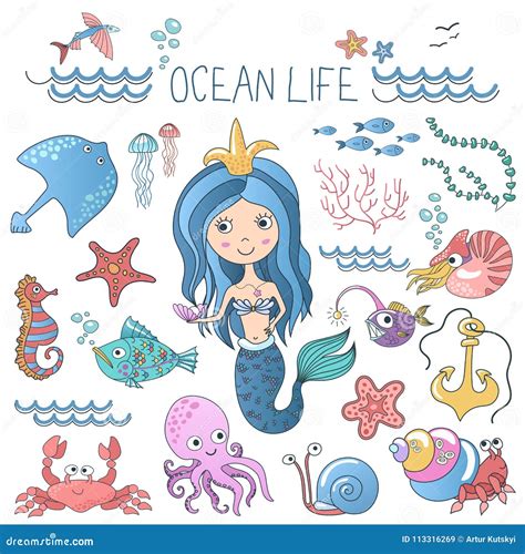 Marine Life Illustrations Set Little Cute Cartoon Mermaid Princess
