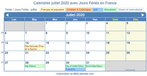 France Calendrier Pour Limpression Juillet 2020