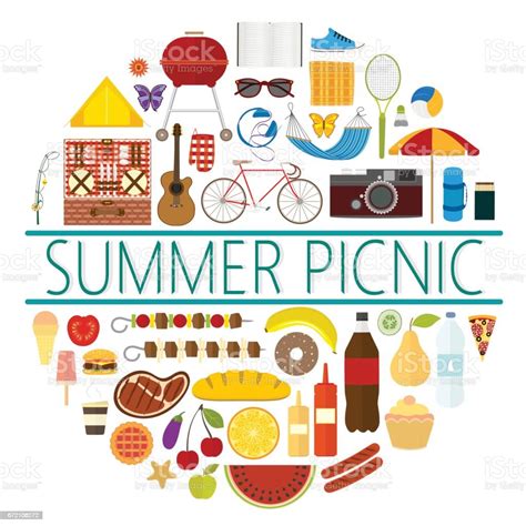 Emblem Of A Summer Picnic With Icons Of Various Objects And Food Stock