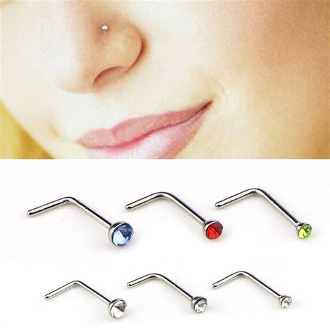 New Charm Stainless Steel CZ Crystal L Shape Nose Ring Body Piercing Stud Wholesale Pcs Set In