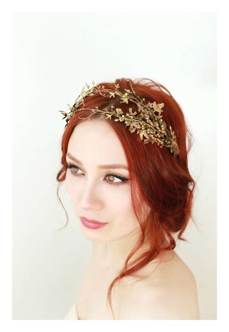 Golden Leaf Crown Bridal Hair Adornment Grecian Crown Woodland Headpiece Natural Tiara