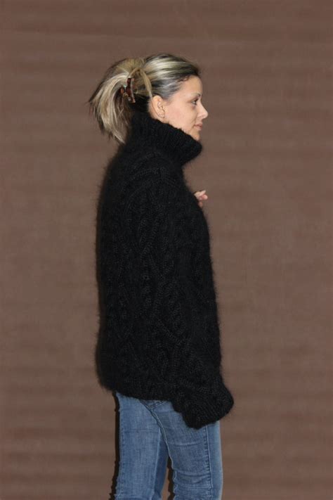 Hand Knitted Mohair Sweater Cable Handmade Turtleneck Fuzzy Etsy