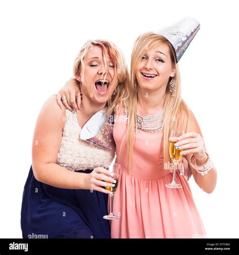 Two Ecstatic Drunken Girls Celebrate With Alcohol Isolated On White
