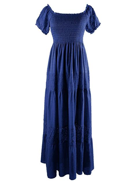 Anna Kaci Womens Off Shoulder Boho Lace Semi Sheer Smocked Maxi Long Dress Royal Blue Large