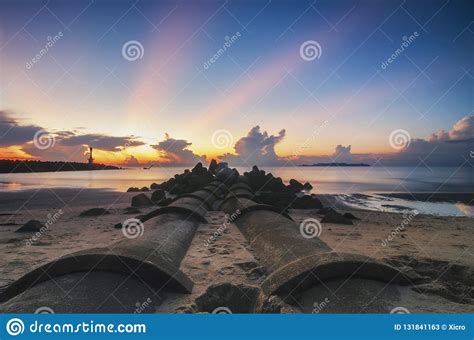 Groyne And Beautiful Sea View Scenery Over Stunning Sunrise Stock Image