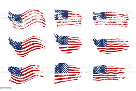 Vintage Waving Usa Flag Set Vector Waving American Flags On Grunge ...