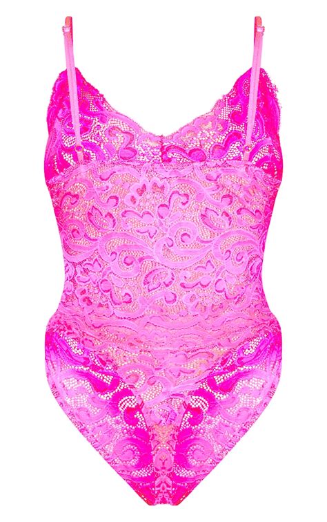 Shape Hot Pink Sheer Lace Bodysuit Curve Prettylittlething Ca