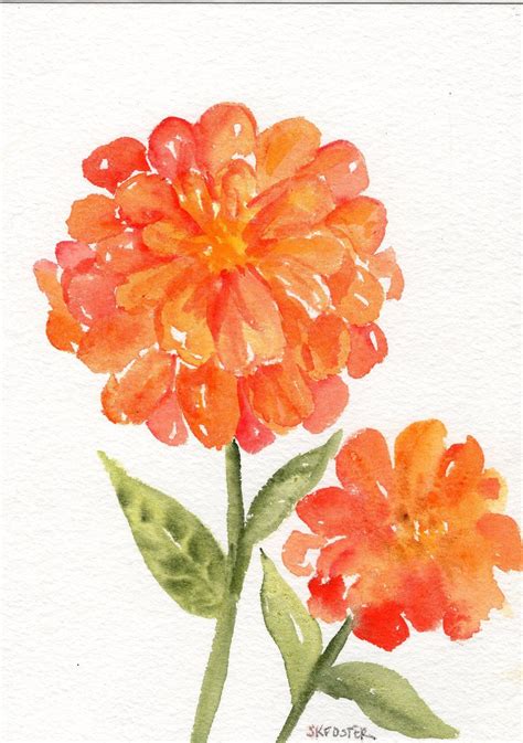 Zinnia Watercolor Painting Original Small Flower Art 5 X 7 Flower