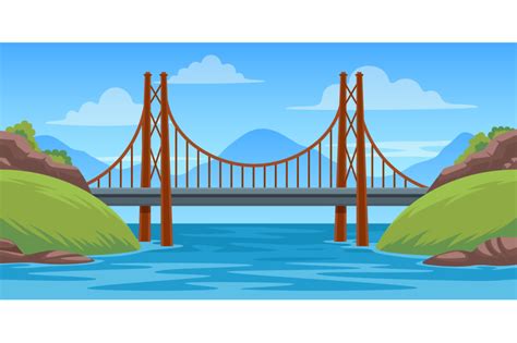 Bridge Landscape Panoramic Scene With Bridgework Across River Cartoon