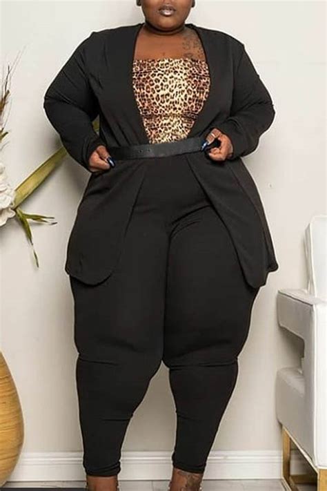 Lovely Casual Basic Black Plus Size Two Piece Pants Setlw Fashion