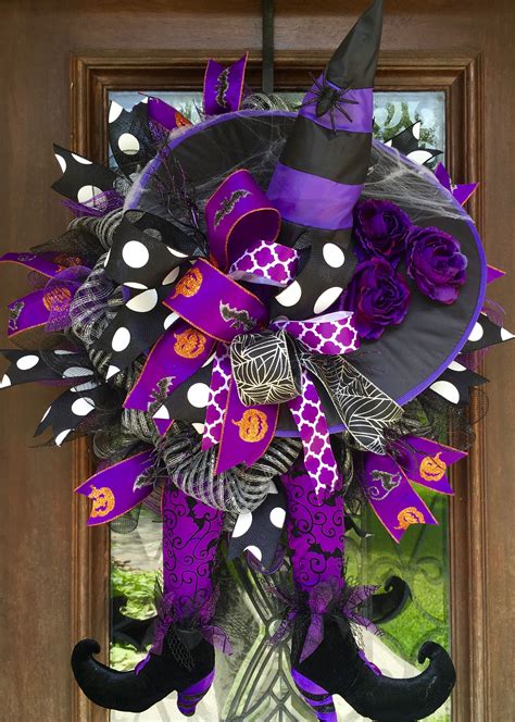Purple And Black Halloween Witch Wreath With Legs Halloween Mesh
