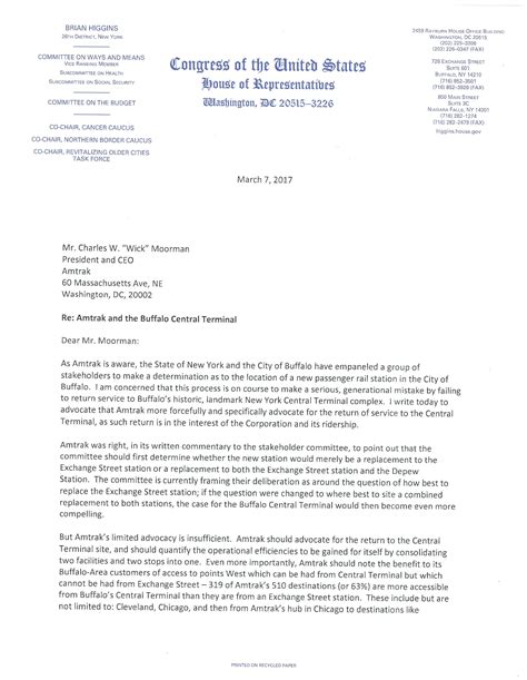 Box 33170, detroit, michigan 48232. Letter to Amtrak CEO Addressing Buffalo's Historic Central Terminal | Congressman Brian Higgins