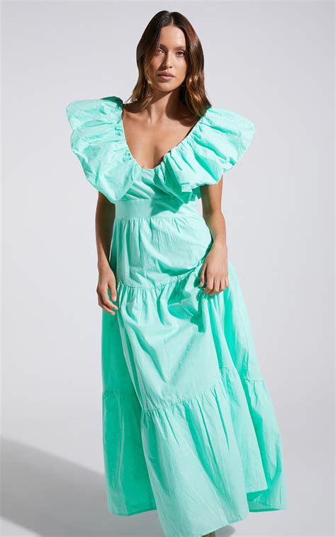Laurah Dress Ruffle V Neck Tiered Midi Dress In Mint Showpo Usa