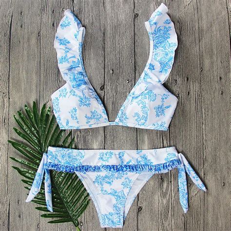 Summer New Sexy Womens Padded Push Up Bra Bandage Blue Floral Print Bikini Set Ruffles Swimsuit