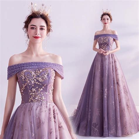 Royal Purple Prom Ball Gown Off Shoulder Beaded Party Dress Gold