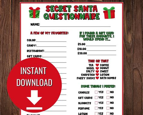Secret Santa Questionnaire Christmas Gift Exchange Etsy