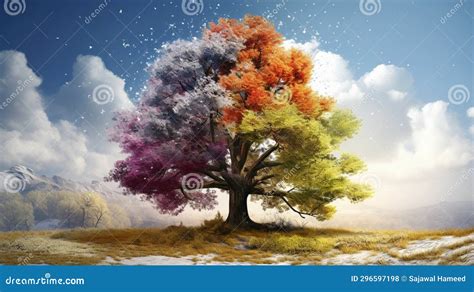 Harmony Of Nature Magical Four Seasons Tree Stock Illustration