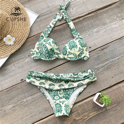 buy cupshe sexy green paisley push up halter bikini sets women moulded cups mid