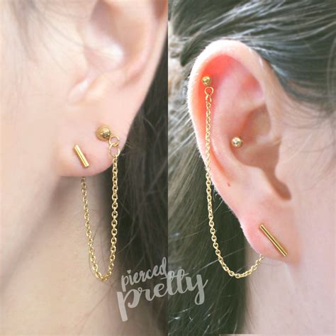 G G Bar Helix To Lobe Chain Earring L Surgical Etsy