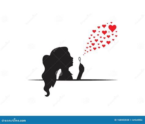 Girl Silhouette Blowing Bubbles Hearts Artwork Isolated On White