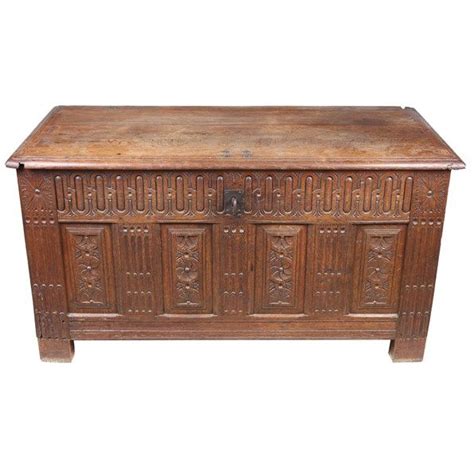 19th C Hand Carved Oak French Trunk Featuring Four Panels With A
