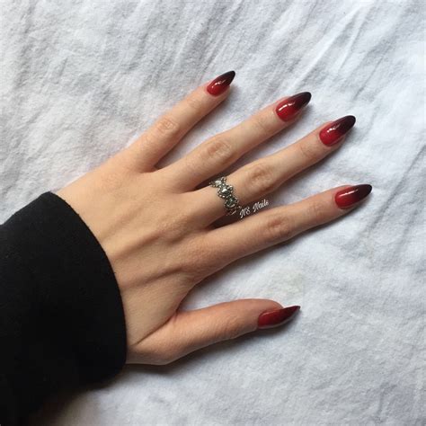 Ombre nails red to black almond shaped #almondshapednails ... #nail art #ombre nails #stamping.