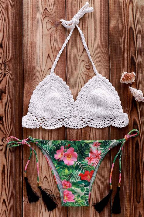 20 Off 2021 Crocheted Halter Floral Print Bikini Set In White Zaful